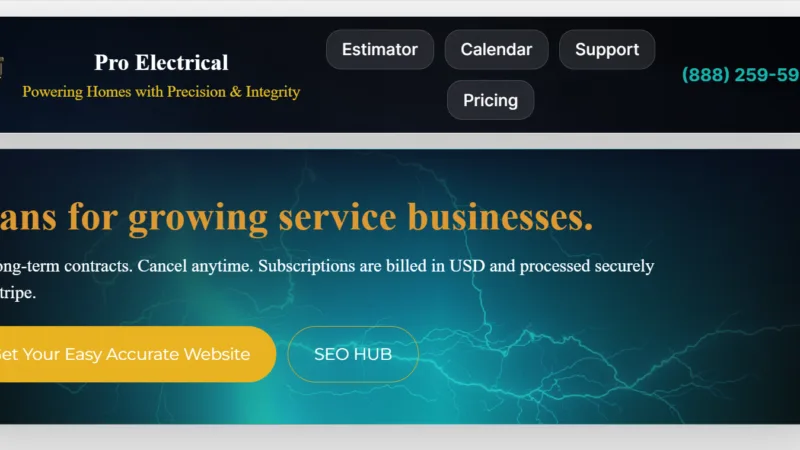 The image showcases the Premium Electrician Company WordPress theme developed by EasyAccurate.com. It features a sleek, modern design tailored for electrical service providers, emphasizing user-friendly navigation and responsive layout. The theme includes vibrant visuals of electrical tools and services, alongside customizable sections for showcasing company information, service offerings, and customer testimonials. The color palette is professional, combining shades of blue and yellow, symbolizing trust and energy. Overall, the theme is designed to enhance online presence and attract potential clients in the electrical industry.
