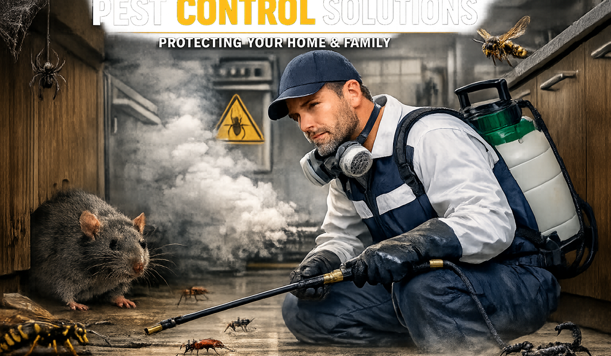 A professional pest control technician inspecting a home for signs of pest infestation, equipped with tools and protective gear, ensuring a safe and effective treatment plan. The background shows a clean, well-maintained residential area, emphasizing the importance of pest management for a healthy living environment.