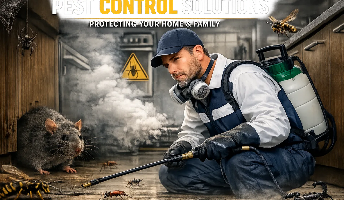 A professional pest control technician inspecting a home for signs of pest infestation, equipped with tools and protective gear, ensuring a safe and effective treatment plan. The background shows a clean, well-maintained residential area, emphasizing the importance of pest management for a healthy living environment.