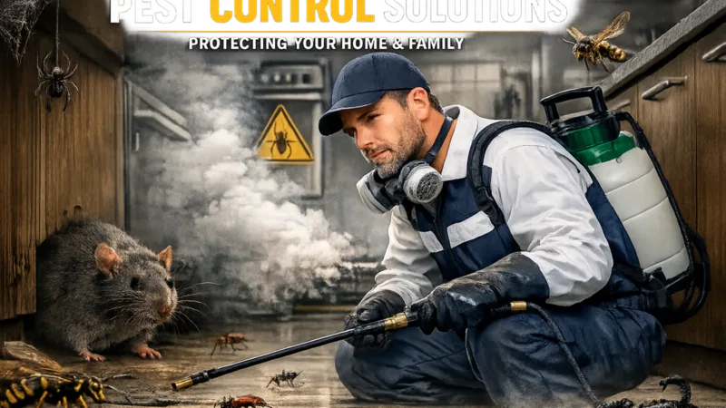 A professional pest control technician inspecting a home for signs of pest infestation, equipped with tools and protective gear, ensuring a safe and effective treatment plan. The background shows a clean, well-maintained residential area, emphasizing the importance of pest management for a healthy living environment.