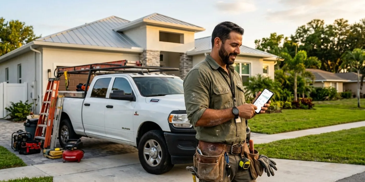 A confident skilled tradesman in a work shirt and tool belt stands at a job site at golden hour, looking at a modern smartphone displaying a clean professional website dashboard. Behind him, a well-equipped contractor truck is parked near a freshly completed home exterior. The scene blends the physical world of hands-on trade work with digital tools β a subtle glow from the phone screen reflects on his face. The mood is empowering, cooperative, and grounded. Surrounding environment includes a Florida suburban neighborhood with warm sunlight, lush greenery, and a clear sky. The overall aesthetic is editorial and realistic, with rich warm tones, sharp detail, and a sense of professional pride and independence. No text or logos in the image.