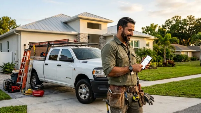A confident skilled tradesman in a work shirt and tool belt stands at a job site at golden hour, looking at a modern smartphone displaying a clean professional website dashboard. Behind him, a well-equipped contractor truck is parked near a freshly completed home exterior. The scene blends the physical world of hands-on trade work with digital tools — a subtle glow from the phone screen reflects on his face. The mood is empowering, cooperative, and grounded. Surrounding environment includes a Florida suburban neighborhood with warm sunlight, lush greenery, and a clear sky. The overall aesthetic is editorial and realistic, with rich warm tones, sharp detail, and a sense of professional pride and independence. No text or logos in the image.