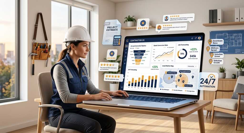 A modern, clean editorial-style illustration of a confident contractor in a hard hat and work vest sitting at a sleek desk in a bright home office, reviewing an AI-powered dashboard on a laptop screen displaying charts, lead analytics, quote generation stats, and local map coverage zones. Floating around the screen are subtle digital elements: a branded PDF estimate, star review badges, city neighborhood pins on a map, and a 24/7 automation icon. The setting feels professional yet accessible, blending the physical world of trades and construction with cutting-edge digital tools. Warm natural light streams through a window, with a toolbelt hanging nearby suggesting the trades industry. The overall mood is empowering, modern, and growth-oriented, rendered in a polished, editorial infographic-meets-lifestyle photography style with a color palette of deep navy, white, and amber accents.