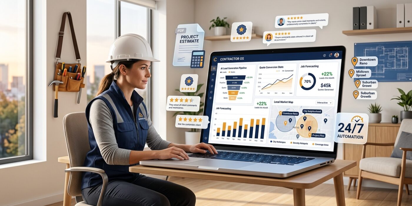 A modern, clean editorial-style illustration of a confident contractor in a hard hat and work vest sitting at a sleek desk in a bright home office, reviewing an AI-powered dashboard on a laptop screen displaying charts, lead analytics, quote generation stats, and local map coverage zones. Floating around the screen are subtle digital elements: a branded PDF estimate, star review badges, city neighborhood pins on a map, and a 24/7 automation icon. The setting feels professional yet accessible, blending the physical world of trades and construction with cutting-edge digital tools. Warm natural light streams through a window, with a toolbelt hanging nearby suggesting the trades industry. The overall mood is empowering, modern, and growth-oriented, rendered in a polished, editorial infographic-meets-lifestyle photography style with a color palette of deep navy, white, and amber accents.
