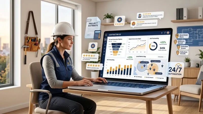 A modern, clean editorial-style illustration of a confident contractor in a hard hat and work vest sitting at a sleek desk in a bright home office, reviewing an AI-powered dashboard on a laptop screen displaying charts, lead analytics, quote generation stats, and local map coverage zones. Floating around the screen are subtle digital elements: a branded PDF estimate, star review badges, city neighborhood pins on a map, and a 24/7 automation icon. The setting feels professional yet accessible, blending the physical world of trades and construction with cutting-edge digital tools. Warm natural light streams through a window, with a toolbelt hanging nearby suggesting the trades industry. The overall mood is empowering, modern, and growth-oriented, rendered in a polished, editorial infographic-meets-lifestyle photography style with a color palette of deep navy, white, and amber accents.