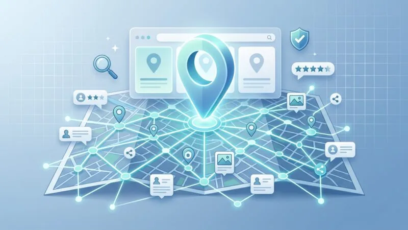 A clean, modern digital illustration representing local business SEO growth: a glowing 3D map pin hovering above a stylized city map, surrounded by a radiant network of interconnected nodes and lines representing business directories and social platforms. Each node subtly features minimal icons suggesting reviews, star ratings, location markers, and profile cards, without any readable text or logos. The map pin sits at the center of a "local map pack" style search results panel with three faint highlighted location cards. Soft blue, white, and teal color palette conveys trust and technology. The background includes a subtle grid pattern suggesting data consistency and digital infrastructure. Add small floating icons of a magnifying glass, a checkmark shield for verification, and a star rating cluster to symbolize authority and consumer trust. The overall composition should feel professional, clean, and editorial—suitable for a business technology blog—with dynamic lighting, soft shadows, and a sense of upward growth and connectivity. Wide horizontal format, high detail, corporate tech-marketing aesthetic.