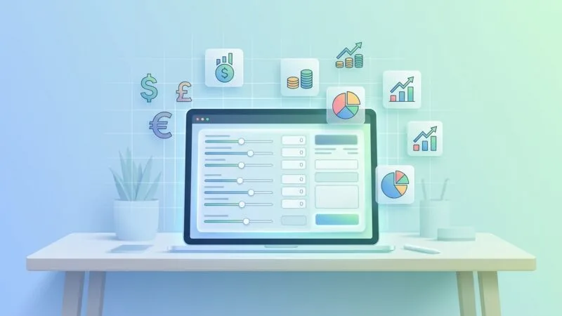 A clean, modern editorial illustration of a digital calculator interface glowing softly on a minimalist desk setup, with abstract floating icons representing cost estimates, currency symbols, and simplified pie charts hovering above the screen. Soft blue and green gradient lighting, flat design style with subtle 3D depth, a laptop or tablet displaying a sleek calculator dashboard with sliders and numeric fields, surrounded by faint grid lines suggesting precision and accuracy. The overall mood is professional, approachable, and efficient, evoking simplicity and clarity in financial planning. Bright, high-key lighting, vector-art aesthetic, no text or logos visible.