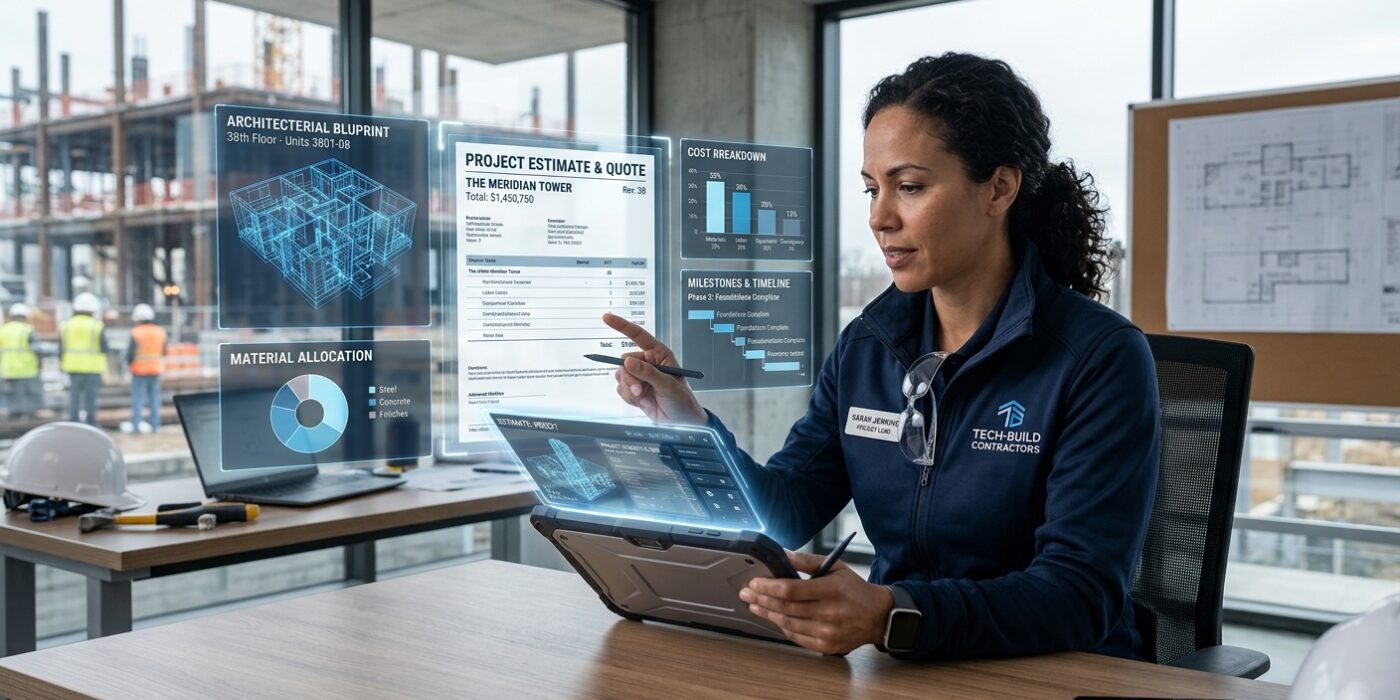 A futuristic digital workspace showing a contractor or tradesperson reviewing a glowing holographic estimate or quote on a tablet, with AI-powered data visualizations, blueprints, and cost breakdowns floating around them in a clean, modern construction site office setting. The scene conveys precision, efficiency, and smart technology applied to the trades industry. Photorealistic style with cool blue and white tones, soft ambient lighting, and a professional editorial atmosphere.