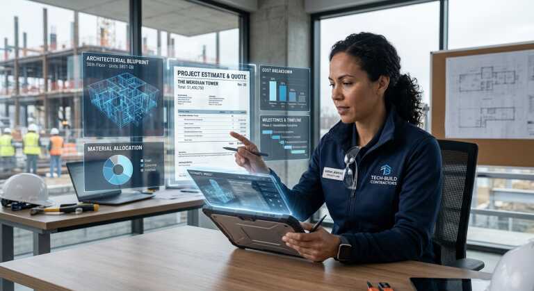 A futuristic digital workspace showing a contractor or tradesperson reviewing a glowing holographic estimate or quote on a tablet, with AI-powered data visualizations, blueprints, and cost breakdowns floating around them in a clean, modern construction site office setting. The scene conveys precision, efficiency, and smart technology applied to the trades industry. Photorealistic style with cool blue and white tones, soft ambient lighting, and a professional editorial atmosphere.