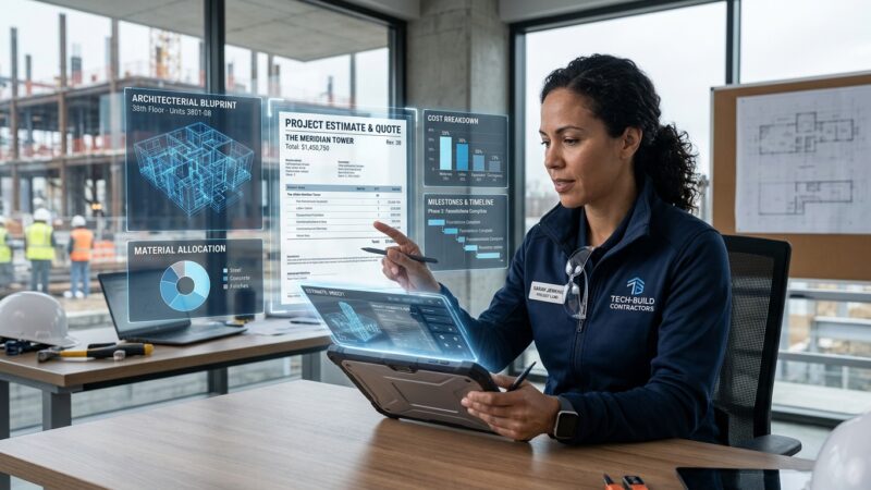 A futuristic digital workspace showing a contractor or tradesperson reviewing a glowing holographic estimate or quote on a tablet, with AI-powered data visualizations, blueprints, and cost breakdowns floating around them in a clean, modern construction site office setting. The scene conveys precision, efficiency, and smart technology applied to the trades industry. Photorealistic style with cool blue and white tones, soft ambient lighting, and a professional editorial atmosphere.