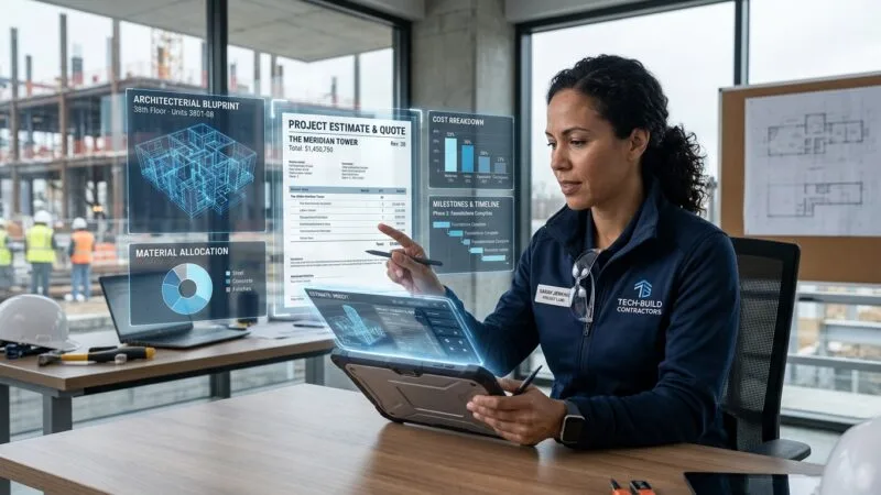 A futuristic digital workspace showing a contractor or tradesperson reviewing a glowing holographic estimate or quote on a tablet, with AI-powered data visualizations, blueprints, and cost breakdowns floating around them in a clean, modern construction site office setting. The scene conveys precision, efficiency, and smart technology applied to the trades industry. Photorealistic style with cool blue and white tones, soft ambient lighting, and a professional editorial atmosphere.