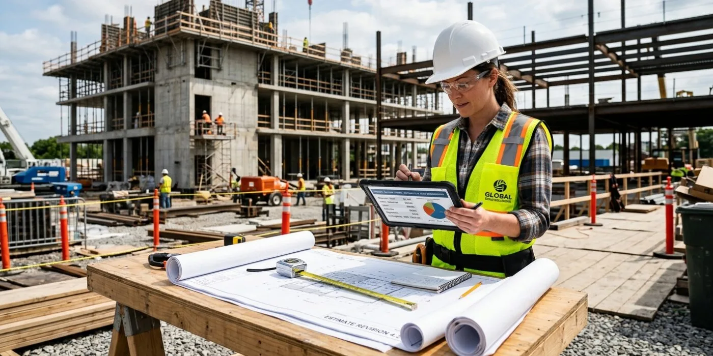 A professional contractor in a hard hat and work vest standing at a construction site, reviewing a digital tablet displaying detailed project estimates and cost breakdowns, with blueprints and measuring tools nearby, clean modern construction environment in the background, natural daylight, photorealistic editorial style, sharp focus, confident and organized atmosphere