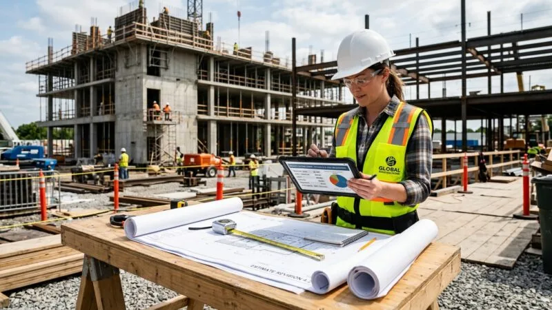 A professional contractor in a hard hat and work vest standing at a construction site, reviewing a digital tablet displaying detailed project estimates and cost breakdowns, with blueprints and measuring tools nearby, clean modern construction environment in the background, natural daylight, photorealistic editorial style, sharp focus, confident and organized atmosphere