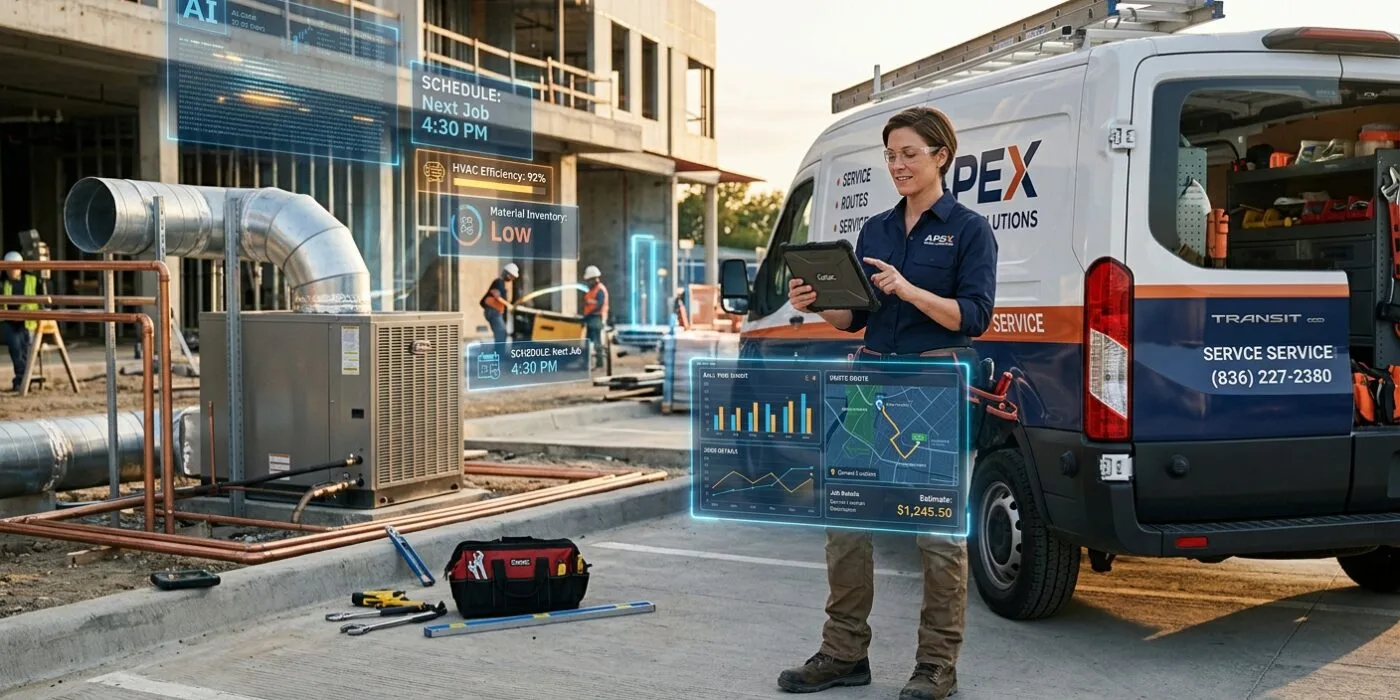 A skilled tradesperson in work boots and a branded work shirt stands beside a work van, holding a rugged tablet displaying a glowing digital interface with charts, route maps, and estimate numbers. Behind them, a modern job site blends physical tools—wrenches, pipes, an HVAC unit—with translucent holographic overlays showing AI data streams, scheduling icons, and diagnostic readouts floating in the air. Warm afternoon light illuminates the scene, creating a sense of trust and reliability, while subtle blue digital light accents suggest advanced technology seamlessly integrated into traditional craftsmanship. The composition is clean and editorial, photorealistic with a slightly futuristic tech overlay, conveying efficiency, precision, and the fusion of hands-on skill with smart automation.