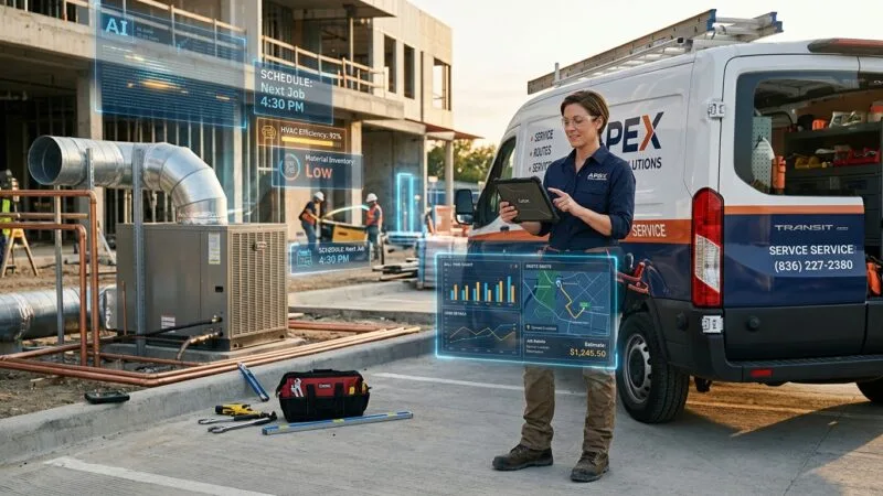 A skilled tradesperson in work boots and a branded work shirt stands beside a work van, holding a rugged tablet displaying a glowing digital interface with charts, route maps, and estimate numbers. Behind them, a modern job site blends physical tools—wrenches, pipes, an HVAC unit—with translucent holographic overlays showing AI data streams, scheduling icons, and diagnostic readouts floating in the air. Warm afternoon light illuminates the scene, creating a sense of trust and reliability, while subtle blue digital light accents suggest advanced technology seamlessly integrated into traditional craftsmanship. The composition is clean and editorial, photorealistic with a slightly futuristic tech overlay, conveying efficiency, precision, and the fusion of hands-on skill with smart automation.