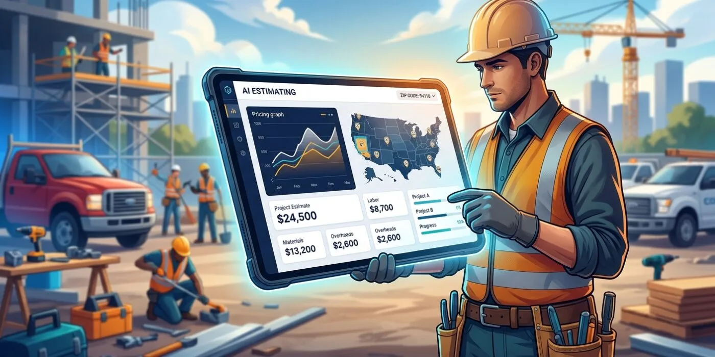 A sleek editorial-style illustration depicting a modern contracting business dashboard interface glowing on a tablet held by a skilled tradesperson at a job site. The screen displays a clean, futuristic AI estimating tool with dynamic pricing graphs, a zip-code map overlay, and instant quote calculations, symbolizing precision and automation. In the background, blurred contractor trucks and construction tools suggest a professional trades environment, while soft blue and orange accent lighting conveys technology merging with hands-on craftsmanship. The composition should feel high-tech yet approachable, emphasizing efficiency, exclusivity, and smart business growth. Style: clean modern corporate illustration, flat design with subtle gradients, professional color palette of navy blue, white, and amber, high-quality digital editorial artwork, no text or logos.