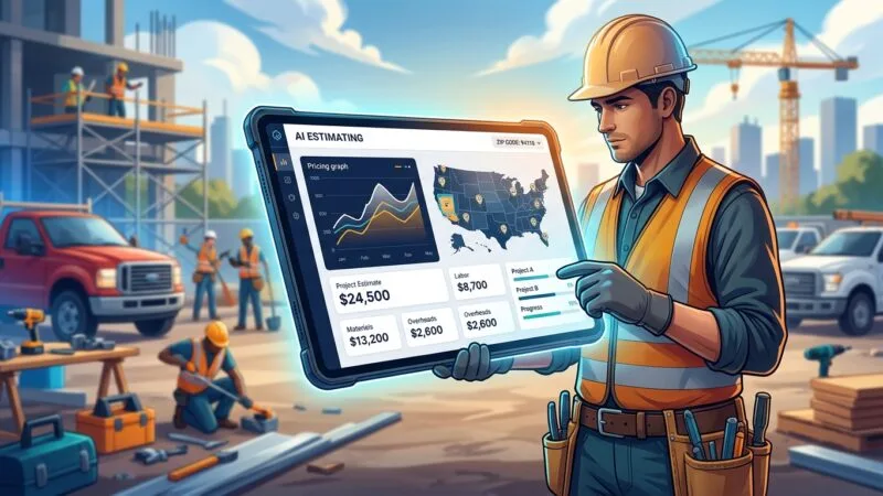 A sleek editorial-style illustration depicting a modern contracting business dashboard interface glowing on a tablet held by a skilled tradesperson at a job site. The screen displays a clean, futuristic AI estimating tool with dynamic pricing graphs, a zip-code map overlay, and instant quote calculations, symbolizing precision and automation. In the background, blurred contractor trucks and construction tools suggest a professional trades environment, while soft blue and orange accent lighting conveys technology merging with hands-on craftsmanship. The composition should feel high-tech yet approachable, emphasizing efficiency, exclusivity, and smart business growth. Style: clean modern corporate illustration, flat design with subtle gradients, professional color palette of navy blue, white, and amber, high-quality digital editorial artwork, no text or logos.