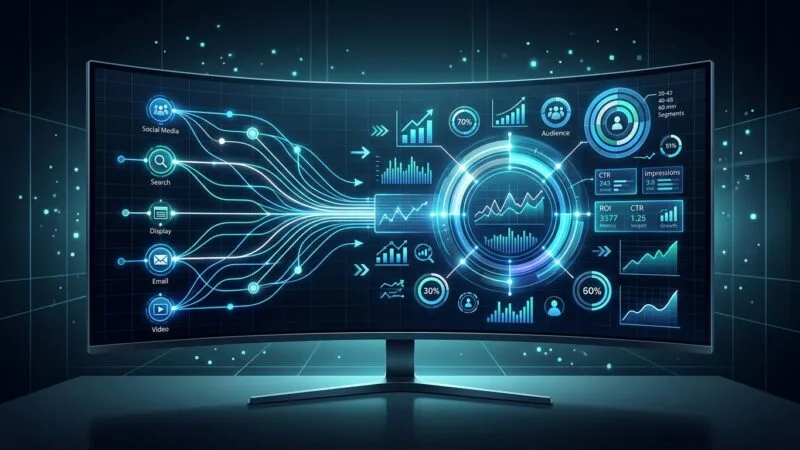 A sleek, futuristic digital marketing command center displayed on a large curved monitor, showing a centralized dashboard with multiple interconnected data streams flowing into a unified hub. Visualize glowing network nodes representing various advertising platforms converging into one central analytics interface, with dynamic real-time graphs, audience targeting rings, and performance metrics displayed in vibrant blue, teal, and white holographic light. The scene has a clean, modern tech aesthetic with a dark background illuminated by glowing data visualizations, geometric grid lines, and abstract icons symbolizing growth charts, audience circles, and connectivity lines. Style: high-tech editorial illustration, minimalist corporate futurism, soft ambient glow, professional and polished, no text or logos.