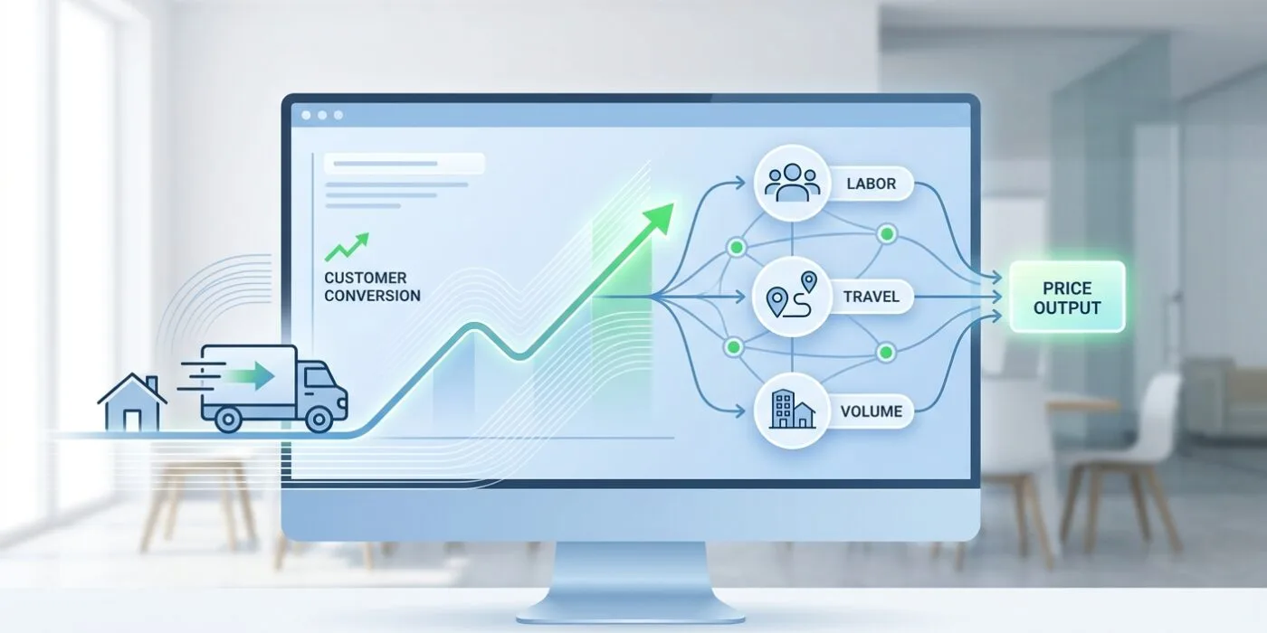 A sleek, modern digital dashboard interface glowing on a large monitor in a bright, minimalist office setting. The screen displays a dynamic data visualization: a rising line graph representing customer conversion trends, transitioning into an interconnected network diagram of nodes labeled with icons for labor rates, travel distance, and home volume, all converging into a single glowing price output panel. Soft blue and white color palette with accents of green representing growth and efficiency. In the foreground, a moving truck icon and small house silhouette subtly integrated into the interface design. Clean vector-style illustration, high-tech editorial aesthetic, soft ambient lighting, sense of speed and precision, no visible text or numbers.