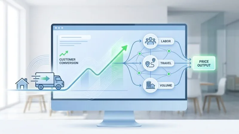 A sleek, modern digital dashboard interface glowing on a large monitor in a bright, minimalist office setting. The screen displays a dynamic data visualization: a rising line graph representing customer conversion trends, transitioning into an interconnected network diagram of nodes labeled with icons for labor rates, travel distance, and home volume, all converging into a single glowing price output panel. Soft blue and white color palette with accents of green representing growth and efficiency. In the foreground, a moving truck icon and small house silhouette subtly integrated into the interface design. Clean vector-style illustration, high-tech editorial aesthetic, soft ambient lighting, sense of speed and precision, no visible text or numbers.