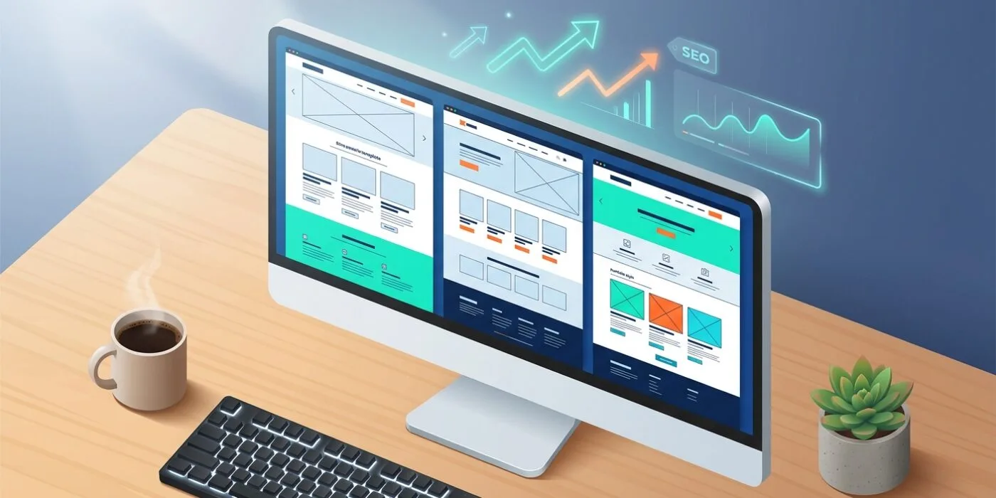 A sleek, modern digital workspace scene viewed from above, showing a designer's desk with a large monitor displaying multiple colorful website template layouts arranged in a grid—blog, e-commerce, and portfolio styles visible as clean wireframe mockups with placeholder content blocks. Soft ambient light illuminates the scene, with subtle glowing analytics graphs and upward-trending arrows floating holographically above the screen to symbolize SEO growth and visibility. A minimalist keyboard, a cup of coffee, and a small potted plant sit beside the setup. Color palette features cool blues, whites, and accents of vibrant teal and orange, conveying innovation, performance, and clarity. Style: modern editorial tech illustration, clean vector-flat aesthetic with subtle 3D depth, high resolution, professional and inviting atmosphere.