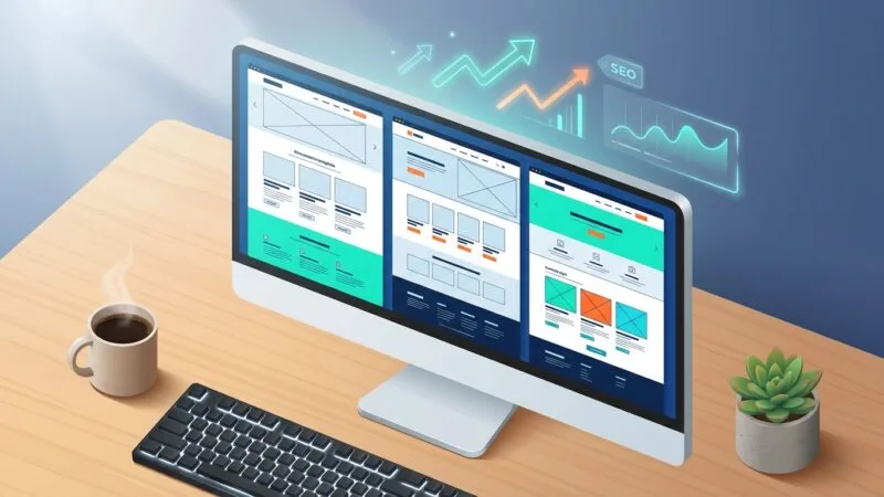 A sleek, modern digital workspace scene viewed from above, showing a designer's desk with a large monitor displaying multiple colorful website template layouts arranged in a grid—blog, e-commerce, and portfolio styles visible as clean wireframe mockups with placeholder content blocks. Soft ambient light illuminates the scene, with subtle glowing analytics graphs and upward-trending arrows floating holographically above the screen to symbolize SEO growth and visibility. A minimalist keyboard, a cup of coffee, and a small potted plant sit beside the setup. Color palette features cool blues, whites, and accents of vibrant teal and orange, conveying innovation, performance, and clarity. Style: modern editorial tech illustration, clean vector-flat aesthetic with subtle 3D depth, high resolution, professional and inviting atmosphere.