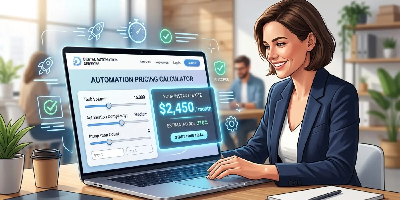 A sleek modern laptop screen displaying a clean, professional web interface with an interactive pricing calculator—sliders, input fields, and a glowing instant price estimate appearing in real time. Soft blue and white color palette, minimalistic UI design elements floating around the screen like icons for speed, checkmarks, and gears symbolizing automation. In the background, a blurred, bright office setting with a satisfied entrepreneur or freelancer smiling while looking at the screen, conveying efficiency and trust. Editorial tech illustration style, crisp lighting, high detail, conveying innovation, speed, and seamless digital business automation.
