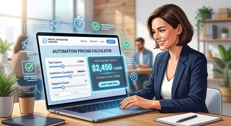 A sleek modern laptop screen displaying a clean, professional web interface with an interactive pricing calculator—sliders, input fields, and a glowing instant price estimate appearing in real time. Soft blue and white color palette, minimalistic UI design elements floating around the screen like icons for speed, checkmarks, and gears symbolizing automation. In the background, a blurred, bright office setting with a satisfied entrepreneur or freelancer smiling while looking at the screen, conveying efficiency and trust. Editorial tech illustration style, crisp lighting, high detail, conveying innovation, speed, and seamless digital business automation.