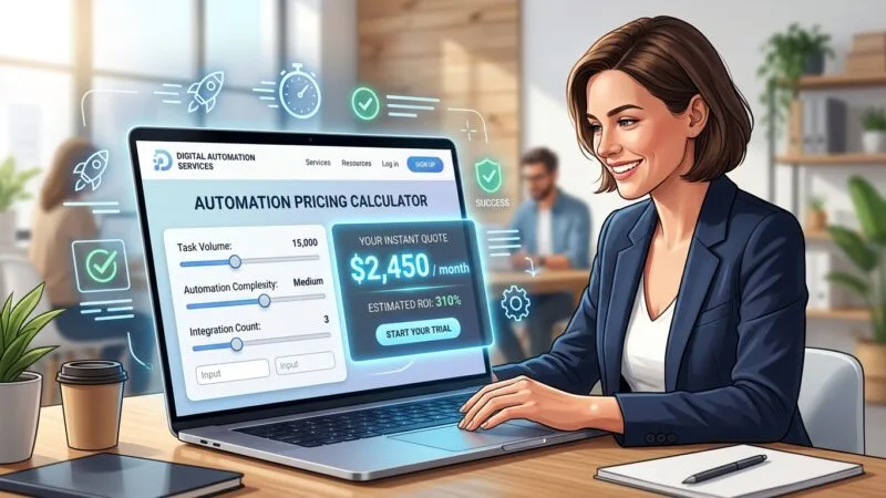 A sleek modern laptop screen displaying a clean, professional web interface with an interactive pricing calculator—sliders, input fields, and a glowing instant price estimate appearing in real time. Soft blue and white color palette, minimalistic UI design elements floating around the screen like icons for speed, checkmarks, and gears symbolizing automation. In the background, a blurred, bright office setting with a satisfied entrepreneur or freelancer smiling while looking at the screen, conveying efficiency and trust. Editorial tech illustration style, crisp lighting, high detail, conveying innovation, speed, and seamless digital business automation.