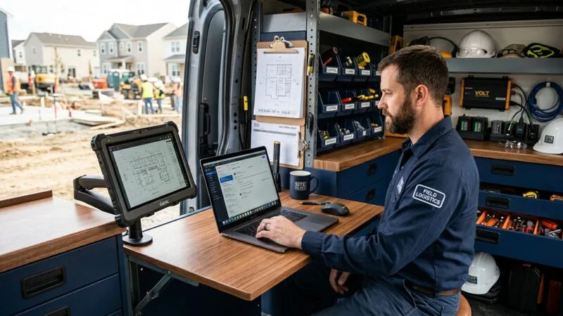 Create a modern editorial-style photograph depicting a mobile office setup for a contractor or field service professional. Show the interior of a work van or truck bed converted into an efficient mobile workstation, featuring a laptop open on a fold-down desk, a rugged tablet mounted nearby, organized tool storage, blueprints or work orders clipped to a board, and a coffee cup resting on the surface. Natural daylight streams through the open van doors, revealing a construction site or suburban neighborhood in the background with soft bokeh. The color palette should be clean and professional with tones of steel gray, navy blue, and warm wood accents. The composition should feel practical yet aspirational, emphasizing productivity, organization, and modern technology integrated into physical labor. Shot in a realistic, high-quality commercial photography style with sharp focus and balanced natural lighting.
