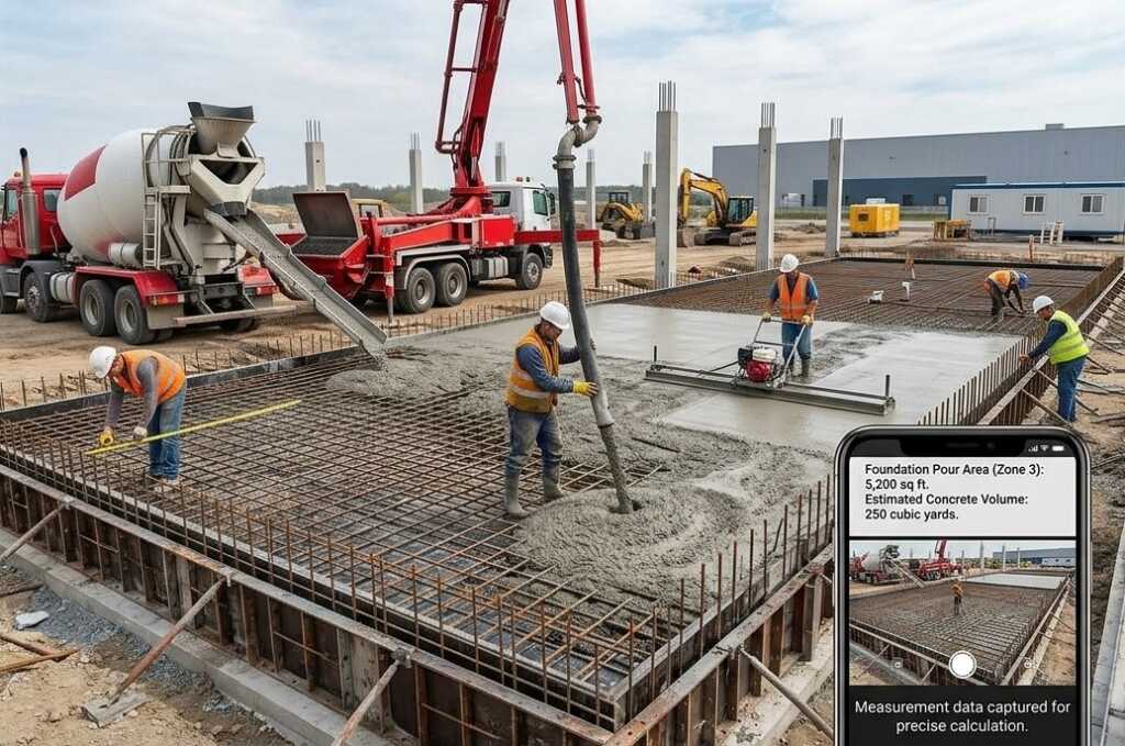 Workers pour concrete into a rebar foundation from a pump truck; phone overlay shows Zone 3 pour area of 5,200 sq ft and estimated 250 cubic yards of concrete