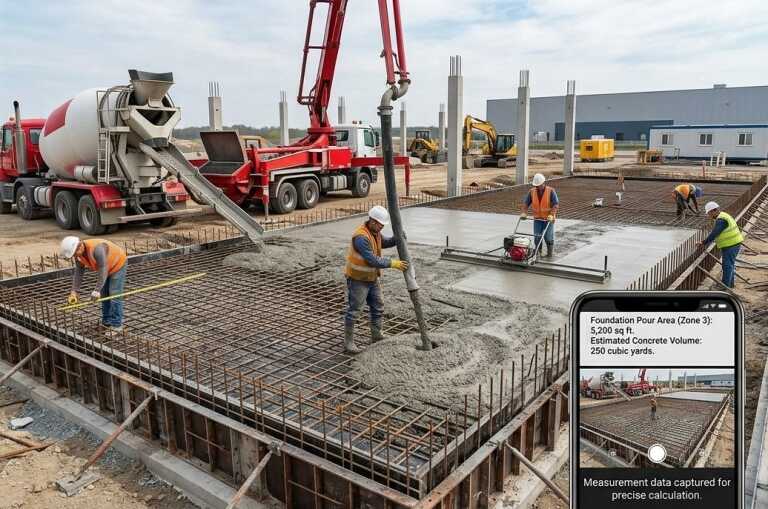 Workers pour concrete into a rebar foundation from a pump truck; phone overlay shows Zone 3 pour area of 5,200 sq ft and estimated 250 cubic yards of concrete