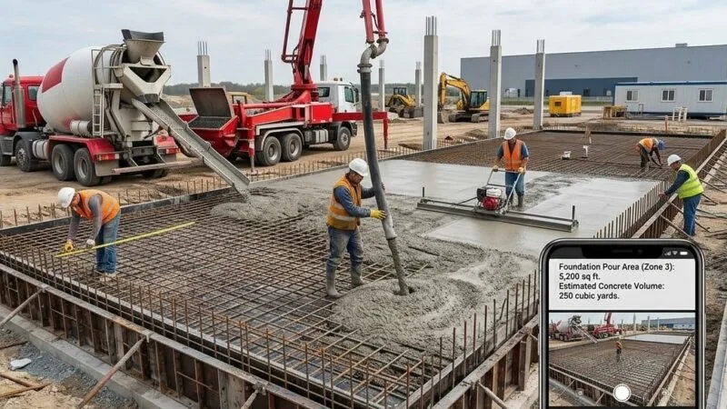 Workers pour concrete into a rebar foundation from a pump truck; phone overlay shows Zone 3 pour area of 5,200 sq ft and estimated 250 cubic yards of concrete