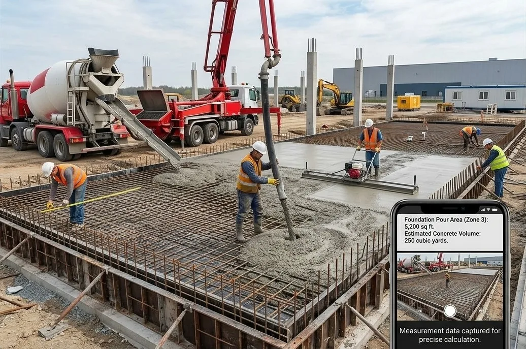 Workers pour concrete into a rebar foundation from a pump truck; phone overlay shows Zone 3 pour area of 5,200 sq ft and estimated 250 cubic yards of concrete